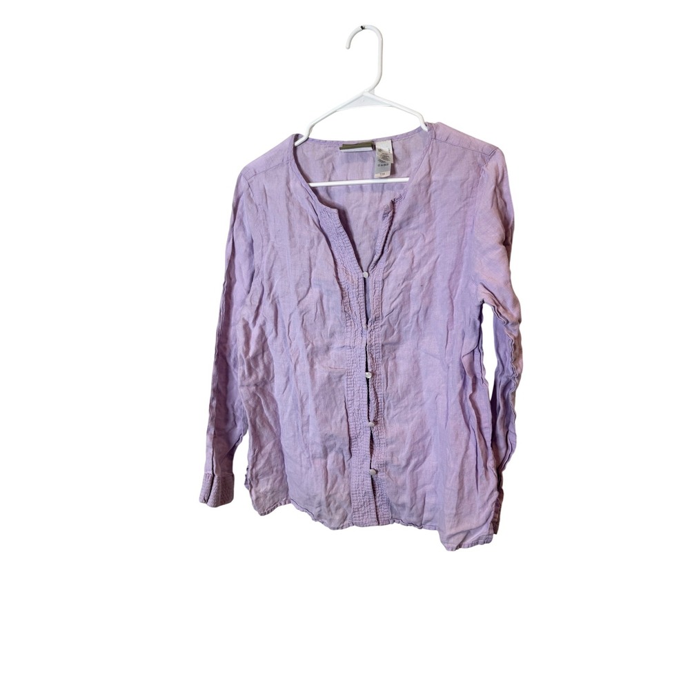 Liz Claiborne Blouse Womens Large Purple 100% Linen Henley Long Sleeve Top